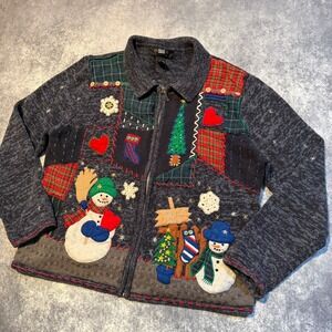 Vintage Grandma Granny Women's Christmas Sweater Jacket Zip Front Large